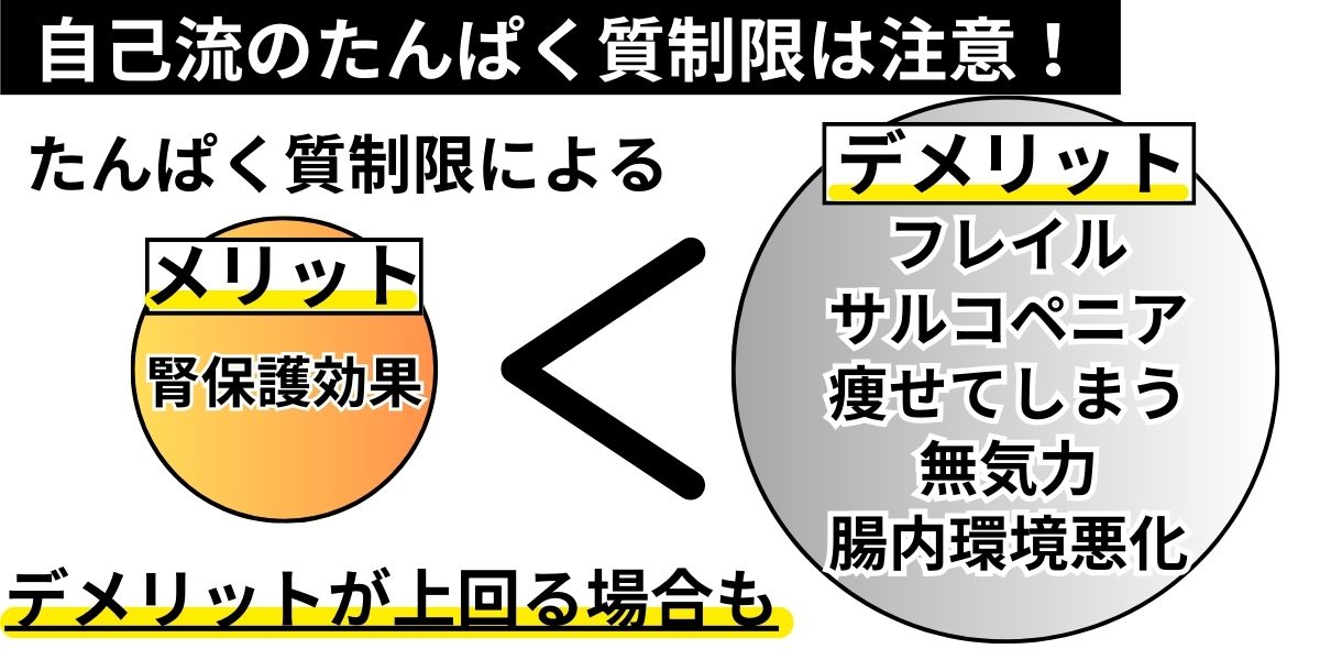 たんぱく質制限による腎保護効果というメリットよりも、栄養不足によるデメリットが勝りやすい